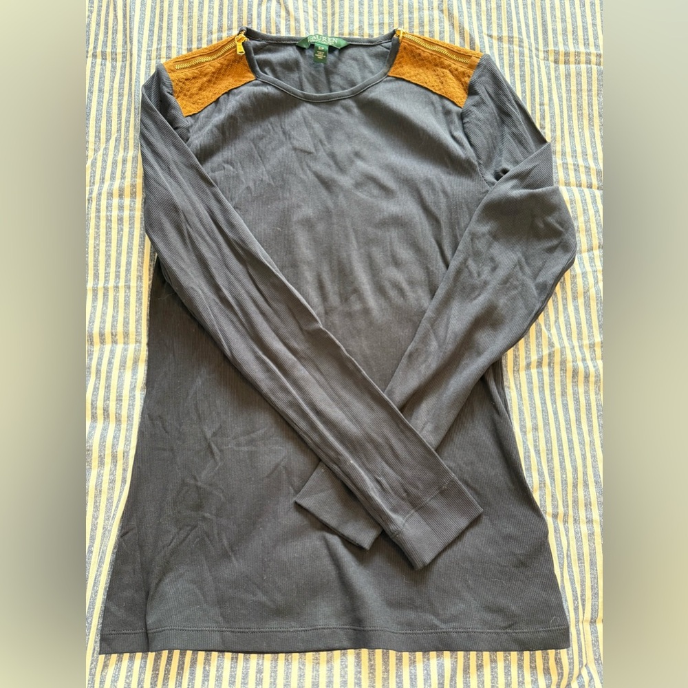 Lauren Ralph Lauren Long-Sleeve Crew Top in Navy with Tan Shoulder Panels